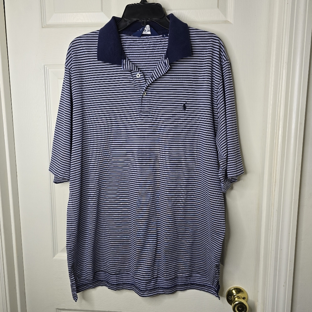 Polo Golf Ralph Lauren Blue White‎ Stripe Mens Polo L